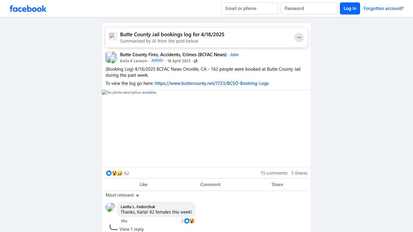 Butte County Fires, Accidents, Crimes (BCFAC News) | (Booking Log) 4/18/2025 BCFAC News Oroville, CA - 162 people were booked at Butte County Jail during the past week | Facebook